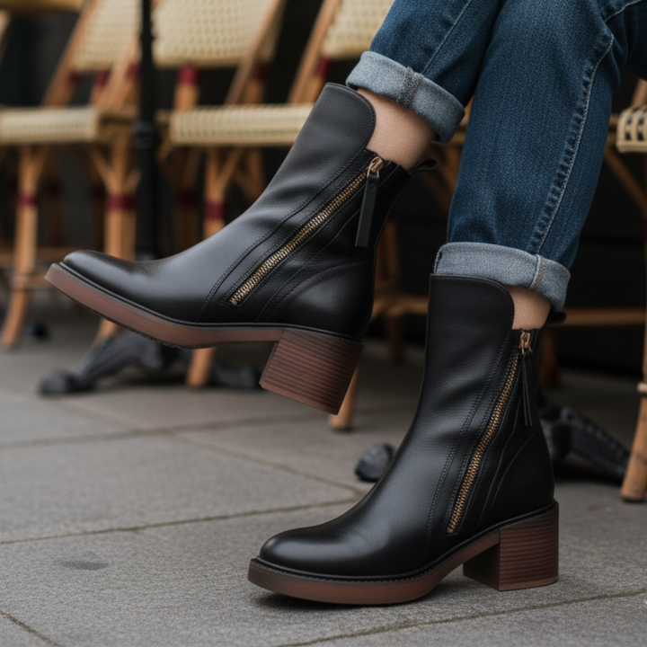 Valorine™ | Black leather boot with a comfortable heel