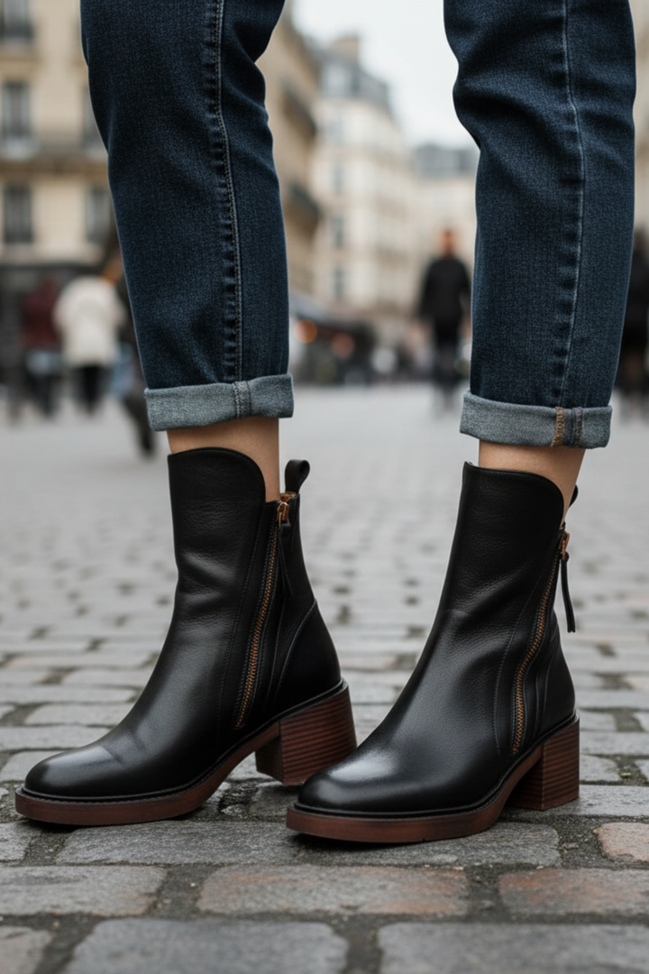 Valorine™ | Black leather boot with a comfortable heel