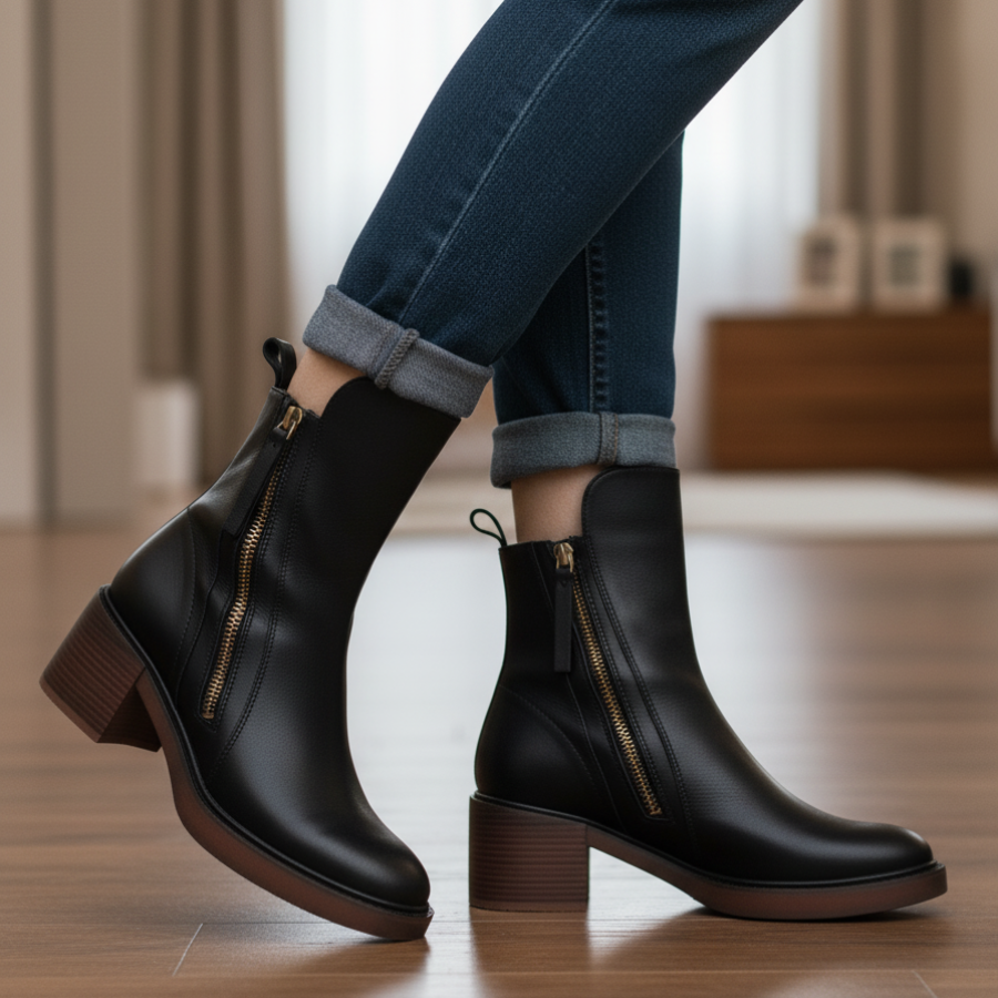 Valorine™ | Black leather boot with a comfortable heel