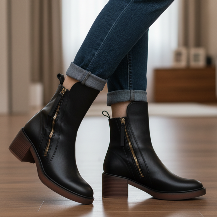 Valorine™ | Black leather boot with a comfortable heel
