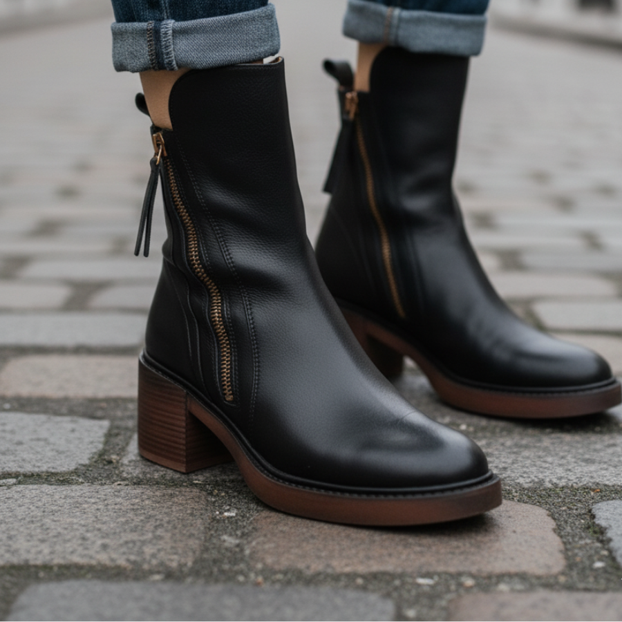 Valorine™ | Black leather boot with a comfortable heel