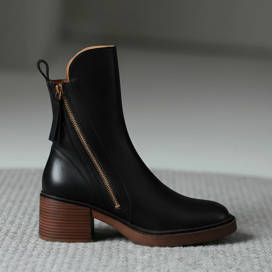 Valorine™ | Black leather boot with a comfortable heel
