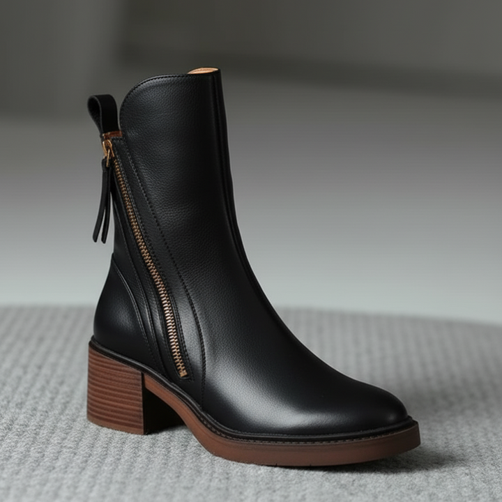 Valorine™ | Black leather boot with a comfortable heel