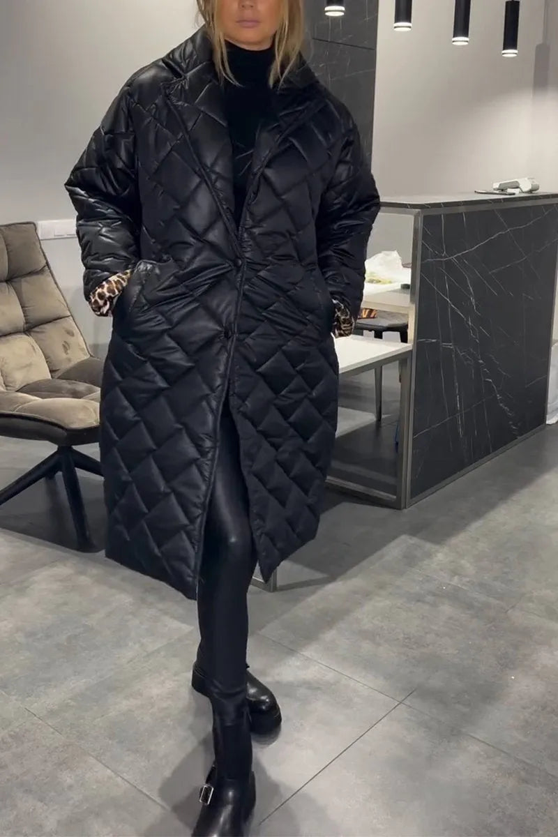 Mariette | Long Quilted Coat with Leopard Lining