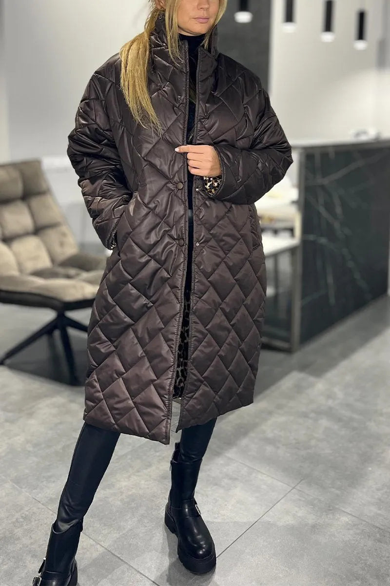 Mariette | Long Quilted Coat with Leopard Lining
