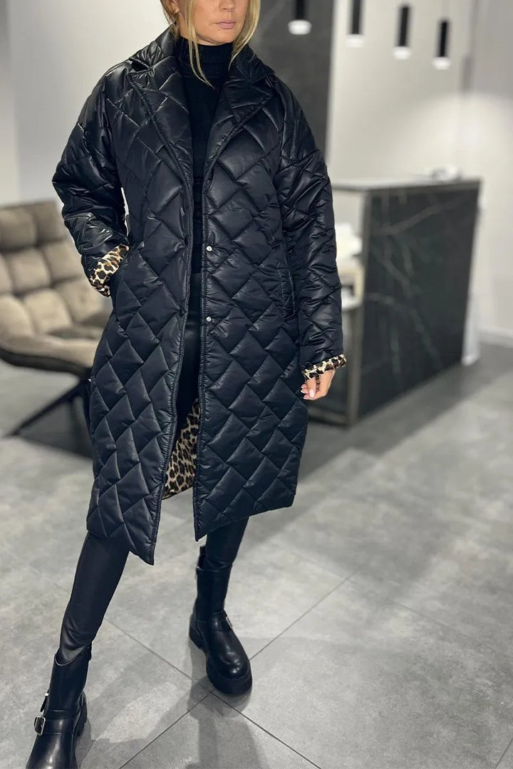 Mariette | Long Quilted Coat with Leopard Lining